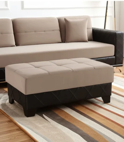 Goldoma 48-inch tufted storage ottoman in taupe and espresso faux leather and microfiber, with lift-top storage and button tufting