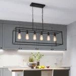 6-light chandelier viewed from the side, showing its linear shape and hanging rods