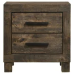Rustic golden brown 2-drawer nightstand with metal lamp and books on top for bedroom storage