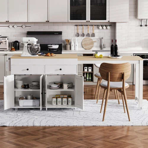 K&K 74.5 Inch Modern Kitchen Island with Extendable Dining Table on Wheels Waterproof Portable Spice Rack & 2 Drawers