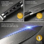 Damascus steel knife set with Pakka wood handles and wooden knife holder on a cutting board