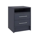 Navy blue two drawer nightstand with open shelf in modern bedroom