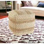 Goldoma 18" Tan Striped Woven Rattan Pouf Ottoman - Square Foot Stool for Living Room, Bedroom, and Entryway – close-up