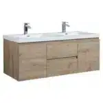 Goldoma 1500mm vanity with white countertop, Andean oak finish, side profile showing cabinet depth and handles.