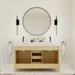 60-inch double sink bathroom vanity with a white quartz countertop and undermount sinks, illuminated by natural light.