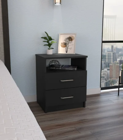 Minimalist bedside cabinet - Napoles black nightstand with two drawers and open shelf