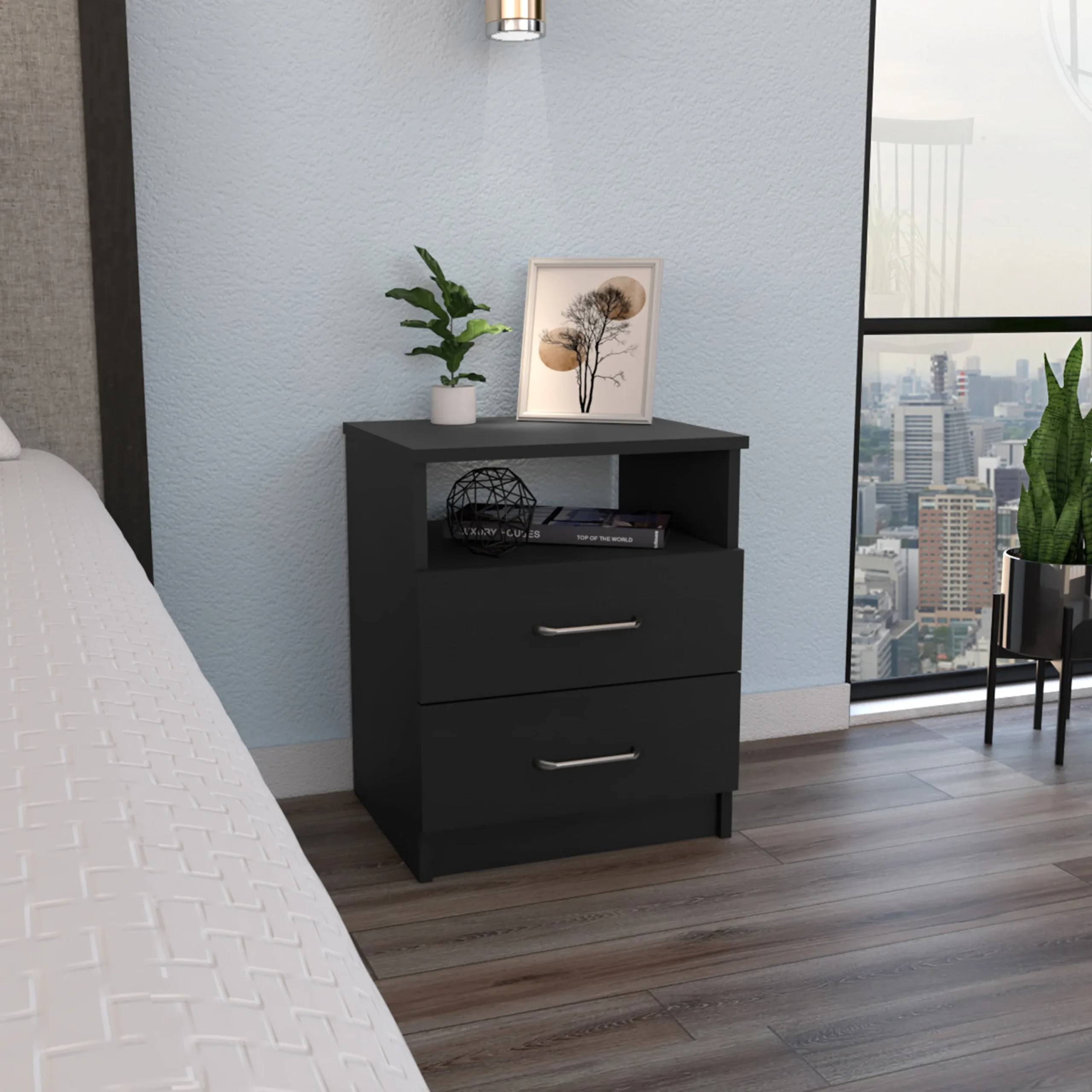 Napoles black nightstand with drawers in a modern bedroom setting