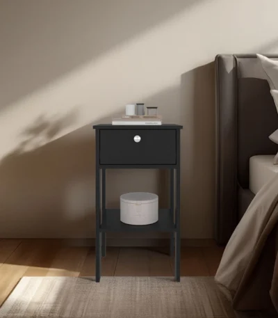 Modern black nightstand with one drawer and open shelf beside a bed in a contemporary bedroom