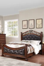 Goldoma queen size bed frame with tufted faux leather headboard in dark cherry finish - elegant traditional bedroom furniture