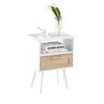 White rattan end table with drawer and solid wood legs, modern nightstand for bedroom or living room