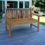 Modern natural teak outdoor garden bench with metal frame on patio