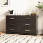 Modern lighted 6-drawer chest with gold handles in black finish for bedroom storage