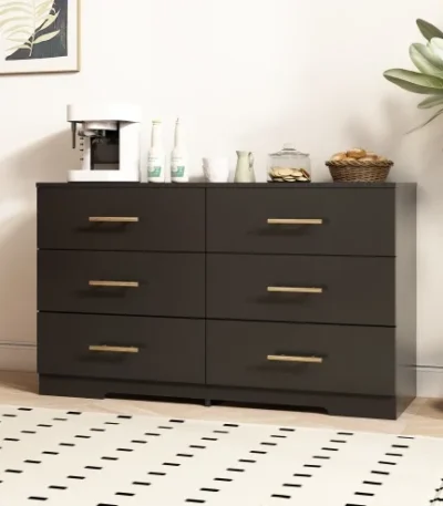 Modern lighted 6-drawer chest with gold handles in black finish for bedroom storage