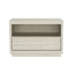 Whitewashed oak nightstand with open shelf and drawer storage for bedroom use