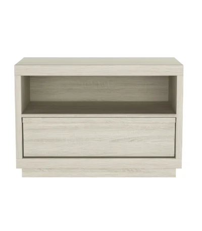Whitewashed oak nightstand with open shelf and drawer storage for bedroom use