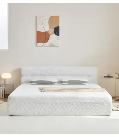 Modern all-in-one bed frame with box spring in cool-touch fabric, featuring motion isolation for undisturbed sleep