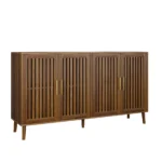 63 Inch Walnut Sideboard Buffet Cabinet With Storage ,Grille-Striped 4 Doors Sideboard - Image 6