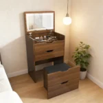 3-in-1 solid wood vanity desk with lighted mirror and flip-top storage stool in a modern bedroom setting