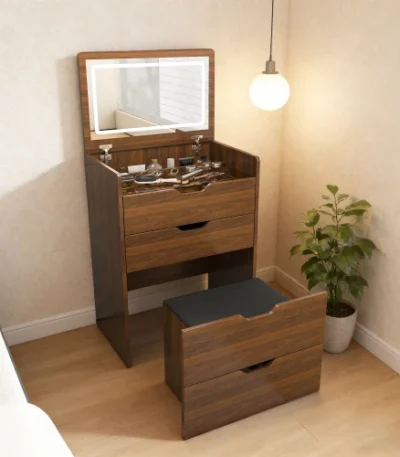 3-in-1 solid wood vanity desk with lighted mirror and flip-top storage stool in a modern bedroom setting