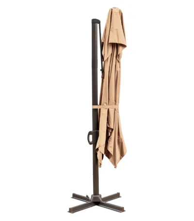 10 ft offset patio umbrella in tan polyester with cantilever stand and base