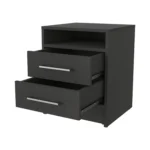 Modern black melamine nightstand with two drawers and shelf beside a bed in a bedroom