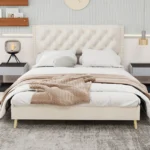 Goldoma Queen Size Upholstered Bed Frame with Storage – adjustable solid wood platform bed with fabric headboard