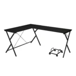 HMS 62" Modern L-Shaped Computer Desk in Black Portable with Bookshelf for Bedroom or Hotel Made of Wood and Metal