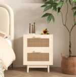 Modern bedside nightstand with charging station in white and natural finish, featuring two drawers and solid wooden legs