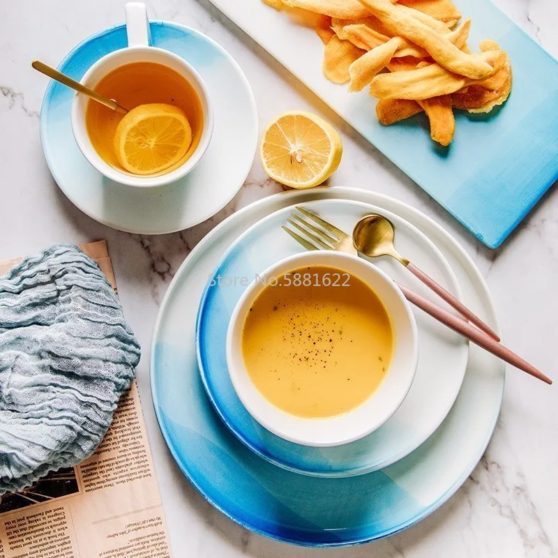 Nordic Gradient Blue Color Ceramic Plate Bowl Cup Set Fruit Dish Dessert Plate Creative Tray Flat Tableware Set for Food Dishes