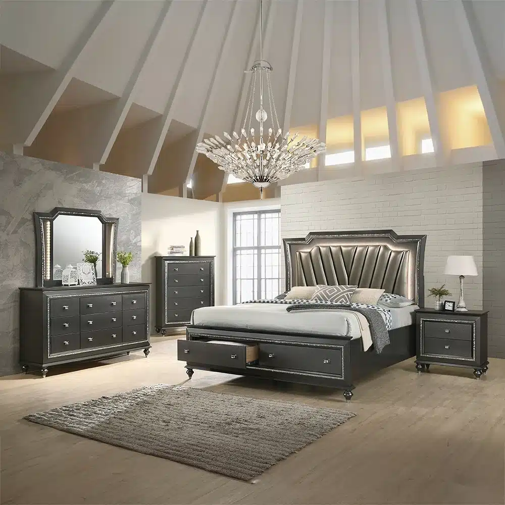 Transitional Metallic Gray Nightstand with Two Drawers