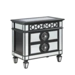 Black mirrored nightstand with 2 drawers sitting beside a bed in a glam luxury bedroom, featuring a glossy wood finish and reflective mirrored accents.