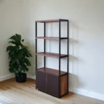HMS Traditional Three-Tier Bookshelf in Brown and Black Metal Two-Door Book Storage for Home Office or Workshop Use