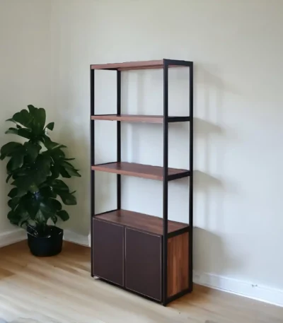 HMS Traditional Three-Tier Bookshelf in Brown and Black Metal Two-Door Book Storage for Home Office or Workshop Use