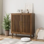 Farmhouse-Style Wood Sideboard Buffet Cabinet with Louvered Doors for Home Bar Coffee Storage - Image 2