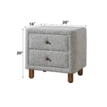 Cleo Gray Boucle Nightstand with two drawers and wooden legs in a modern living room setting