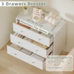 Modern white 3 drawer dresser with gold-tone knobs and lacquer finish in a bedroom setting