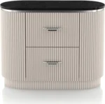 Modern 2-drawer nightstand with USB port, English dovetail design, gold capped legs in walnut finish
