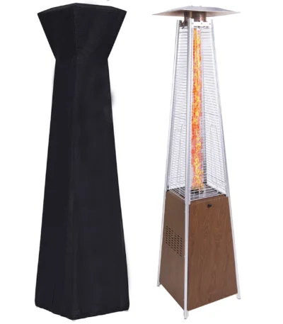 Pyramid stainless steel patio heater with infrared glass tube glowing in outdoor setting