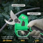 Goldoma cordless pruning shears cutting a thick branch in a garden