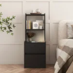 Modern nightstand with charging station and bookshelf in black for bedroom storage