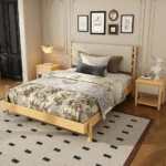 Beige upholstered queen platform bed frame with two matching nightstands and adjustable headboard – Goldoma