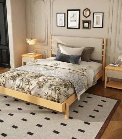 Beige upholstered queen platform bed frame with two matching nightstands and adjustable headboard – Goldoma