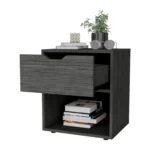 Light gray nightstand with drawer and open shelf in a modern bedroom setting