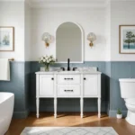 Classic elegant vintage bathroom vanity with plywood construction, featuring a white washbasin and gold faucet, shown