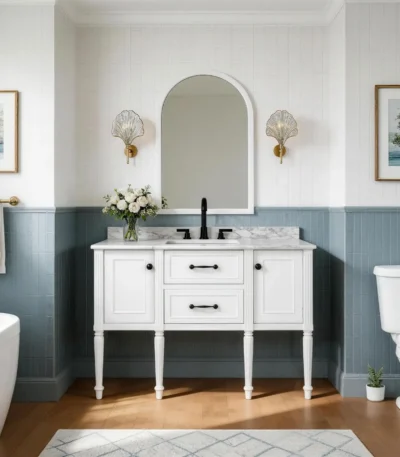 Classic elegant vintage bathroom vanity with plywood construction, featuring a white washbasin and gold faucet, shown