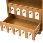 Two drawer nightstand with mirrored front and open shelf in natural wood finish, minimalist design for bedroom storage