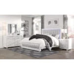 Goldoma LED queen bed with tufted padded headboard, white finish, and storage drawers