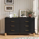 Modern 6-drawer double dresser with metal handles and solid wood legs in a kids room - Goldoma black storage cabinet