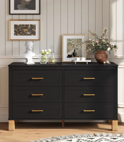 Modern 6-drawer double dresser with metal handles and solid wood legs in a kids room - Goldoma black storage cabinet