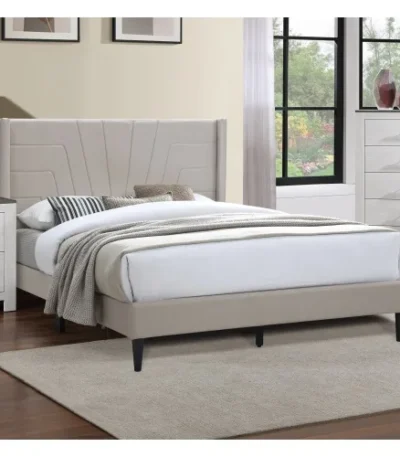 Goldoma queen upholstered platform bed with charcoal fabric headboard in modern bedroom